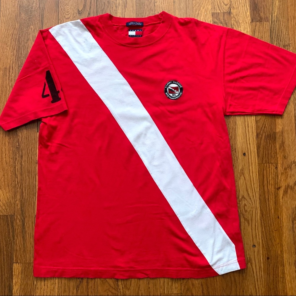 Vintage 90s Tommy Hilfiger red diving #44 flag tee